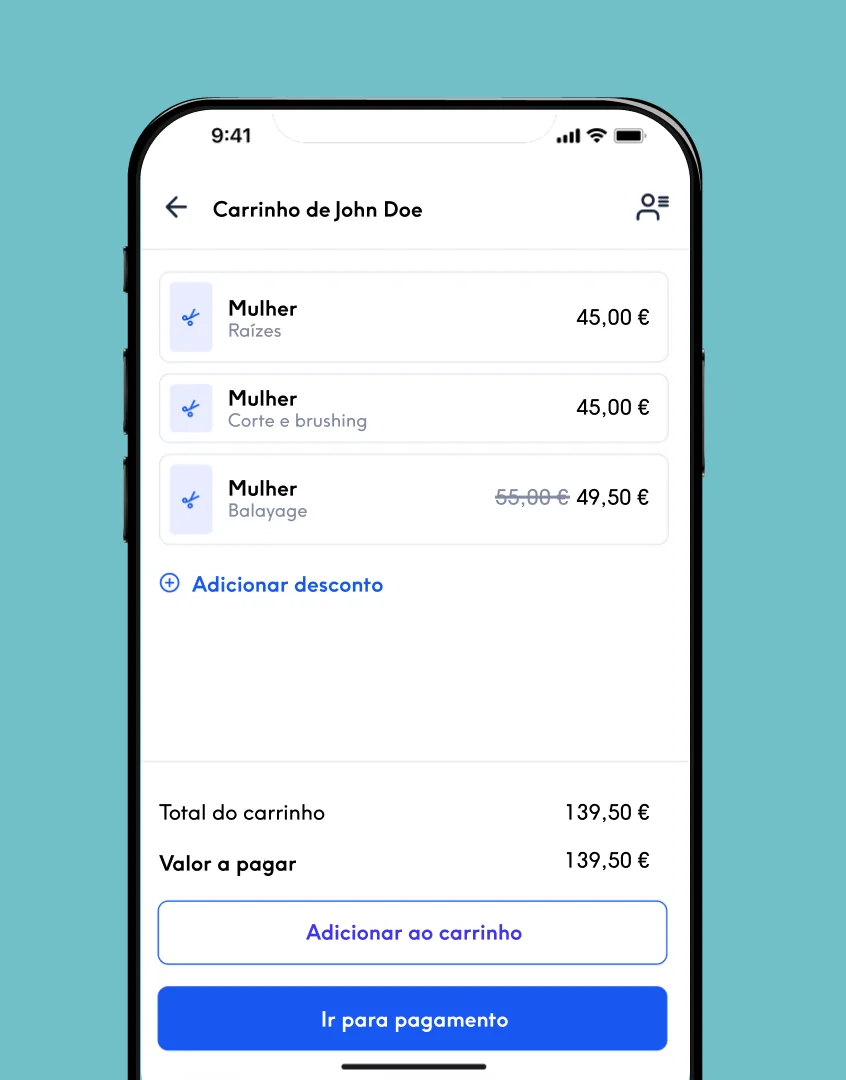 O novo checkout do Treatwell Connect com o carrinho e o valor a pagar