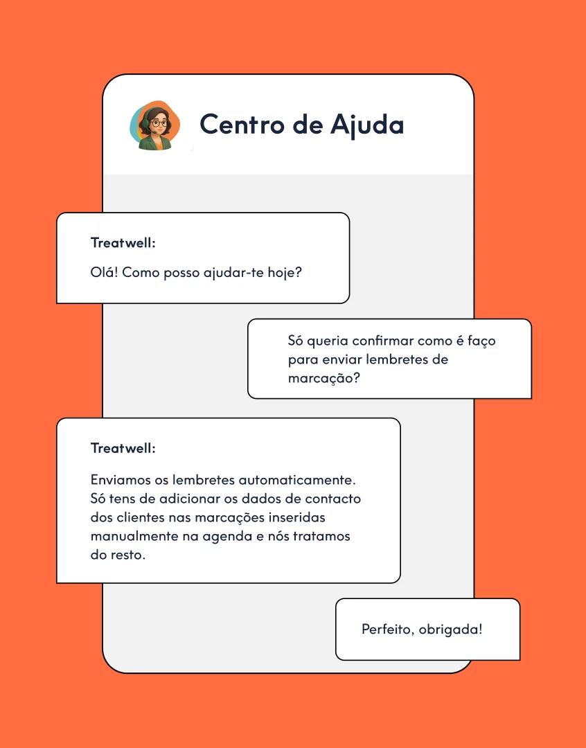 Conversa no Centro de Ajuda do Treatwell Connect sobre o envio de lembretes de marcação
