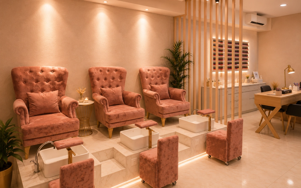 Um salão de beleza e pedicure luxuoso com iluminação quente e uma paleta de cores em rosa suave. À esquerda, três poltronas confortáveis em capitoné rosa-velho com almofadas a condizer estão dispostas sobre uma plataforma de mármore. Em frente a cada cadeira há uma bacia quadrada branca com torneiras douradas e um pequeno banco rosa com rodas para o profissional. Uma divisória de ripas de madeira separa a zona de pedicure de uma banca de manicura à direita e de um expositor de parede retroiluminado que exibe fileiras de frascos de verniz de unhas.