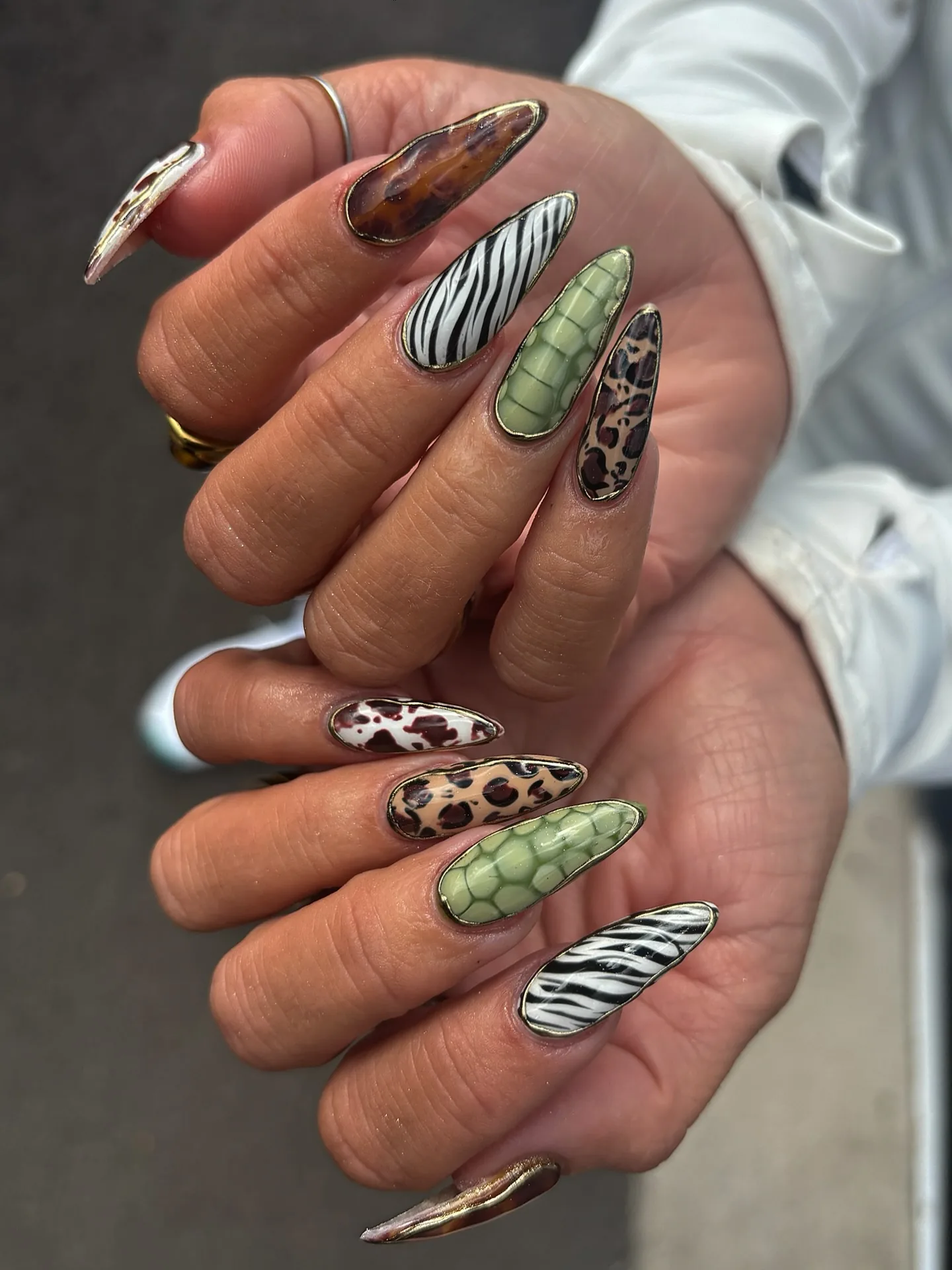 Unhas compridas em formato amêndoa com padrões de tartaruga, zebra, leopardo e crocodilo verde, realçadas a dourado.