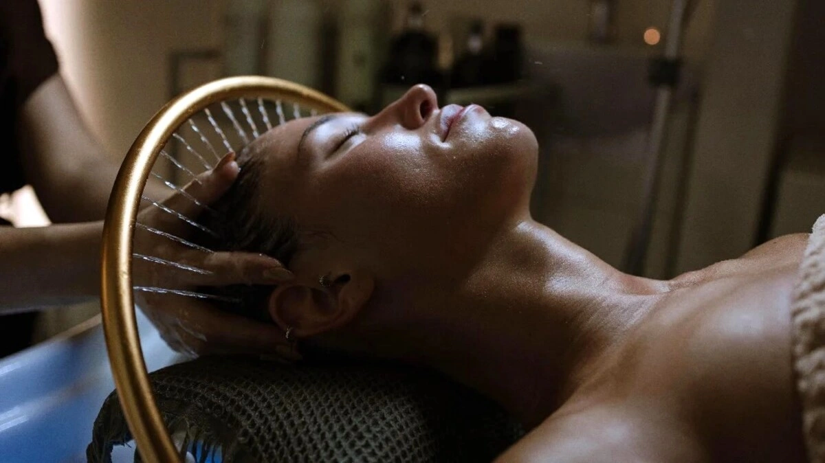 Grande plano de uma mulher a relaxar de olhos fechados durante um head spa japonês num salão tranquilo