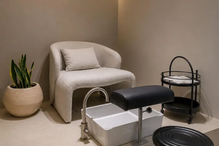 Um recanto de pedicure tranquilo em tons taupe suaves, com uma poltrona curva em bouclé cor de creme e almofada, uma bacia de pedicure branca com apoio de pés preto, um carrinho redondo preto e uma espada-de-são-jorge em vaso.