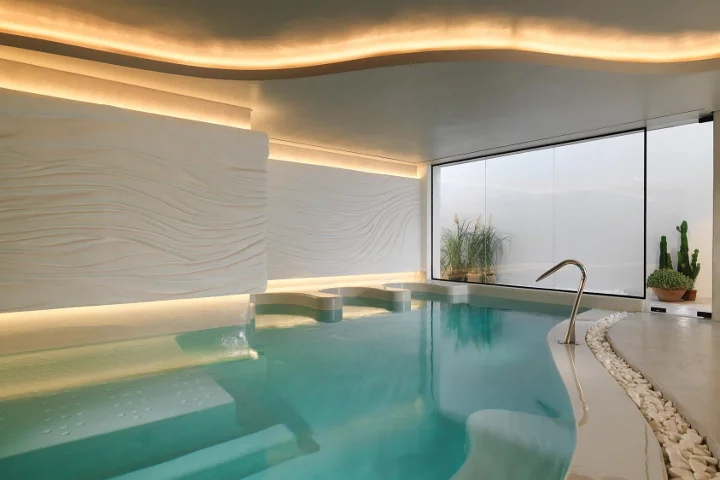 Uma piscina de talassoterapia interior com água turquesa pálida e espreguiçadeiras integradas, uma parede branca com textura de ondas iluminada por luz de sanca, um teto curvo, uma grande janela fosca, gramíneas em vaso e um cato, e um rebordo de seixos.
