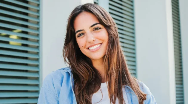 Uma mulher de cabelo comprido e escuro, com as sobrancelhas bem definidas, sorri ao ar livre em frente a um edifício com portadas verdes