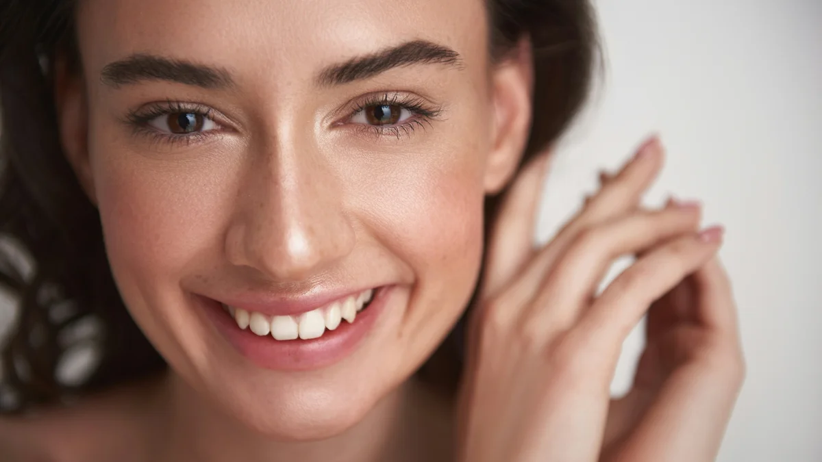 Grande plano do rosto sorridente de uma mulher com maquilhagem leve e pele luminosa