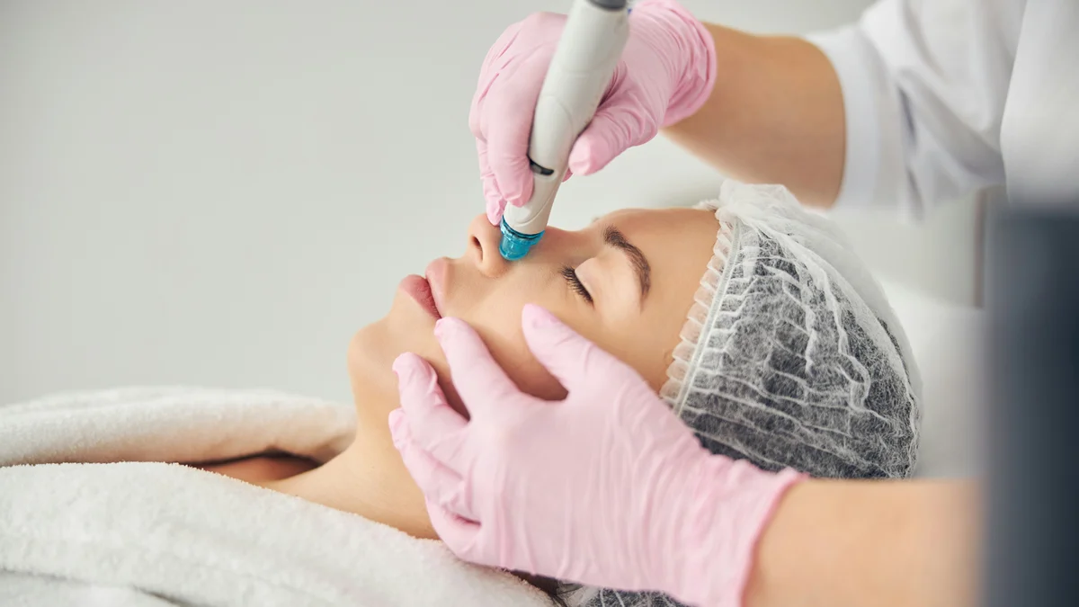 Grande plano de uma mulher durante um tratamento HydraFacial enquanto uma profissional de luvas desliza o aparelho pelo nariz