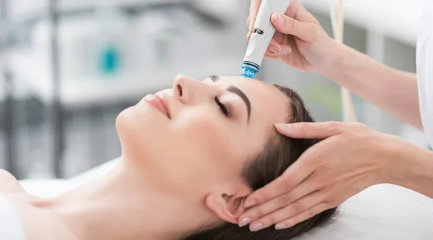 Grande plano de uma mulher relaxada de olhos fechados durante um tratamento HydraFacial num salão tranquilo