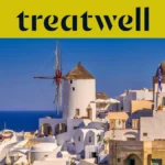Casas caiadas de branco e moinhos de vento tradicionais sobre o azul profundo do mar Egeu em Oia, Santorini, sob um banner amarelo com o logótipo da Treatwell.