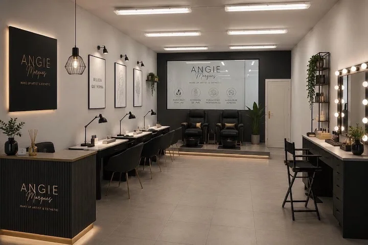 Estúdio de beleza moderno e sóbrio em preto e dourado, com a assinatura Angie Marques na parede, uma fila de cadeiras de manicure e candeeiros ao longo de um lado, um estrado com cadeiras de tratamento, e um espelho de maquilhagem com lâmpadas à direita.