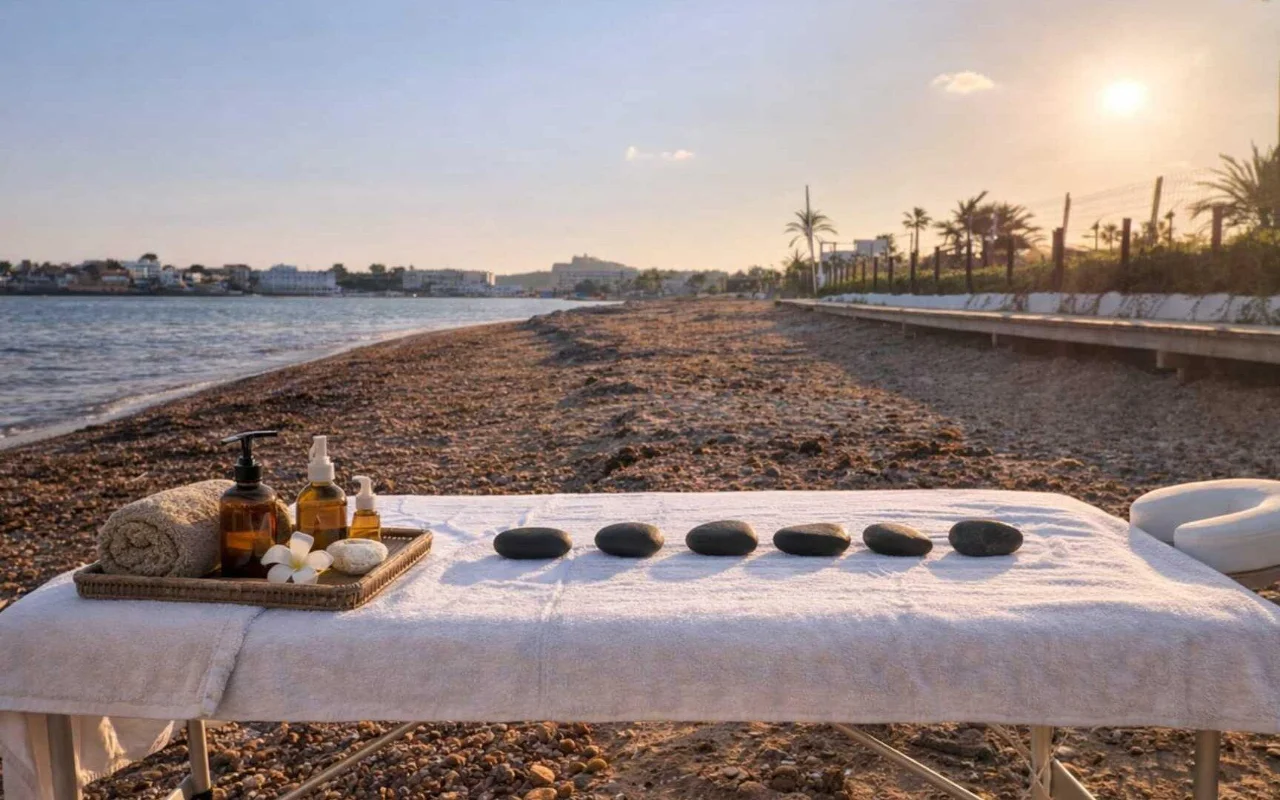 Uma marquesa de massagem preparada numa praia de calhaus à hora dourada, com uma toalha enrolada, um tabuleiro com frascos de óleo cor de âmbar, uma flor de frangipani e uma fileira de pedras quentes escuras. O mar e uma costa ladeada por palmeiras estendem-se ao longe sob um céu de fim de tarde quente.