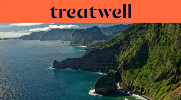 Vista aérea da costa acidentada da Madeira: as montanhas verdes e as falésias caem a pique no azul profundo do Atlântico. Uma espuma branca quebra sobre uma rocha isolada em primeiro plano, enquanto os promontórios e uma pequena aldeia empoleirada se dissipam na neblina, sob um céu luminoso e ligeiramente nublado.