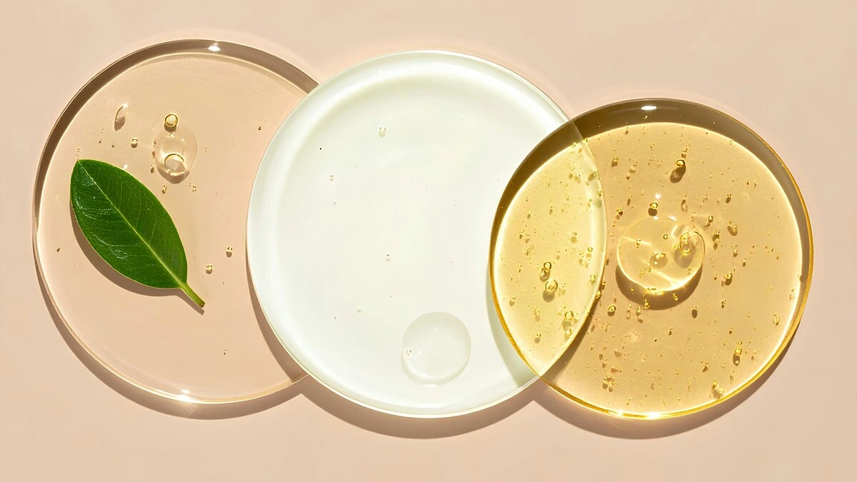 Vista de cima de três círculos sobrepostos de produtos de rosto hidratantes e nutritivos sobre um fundo pêssego claro