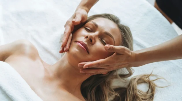 Mulher relaxada durante uma massagem suave de drenagem linfática ao rosto, com as mãos da profissional a deslizar levemente sobre a face